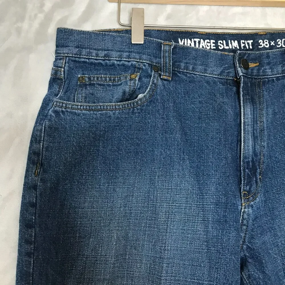 Chaps Denim Vintage Slim Fit Mens 38*30 Blue 100% Cotton Pockets Flat Front